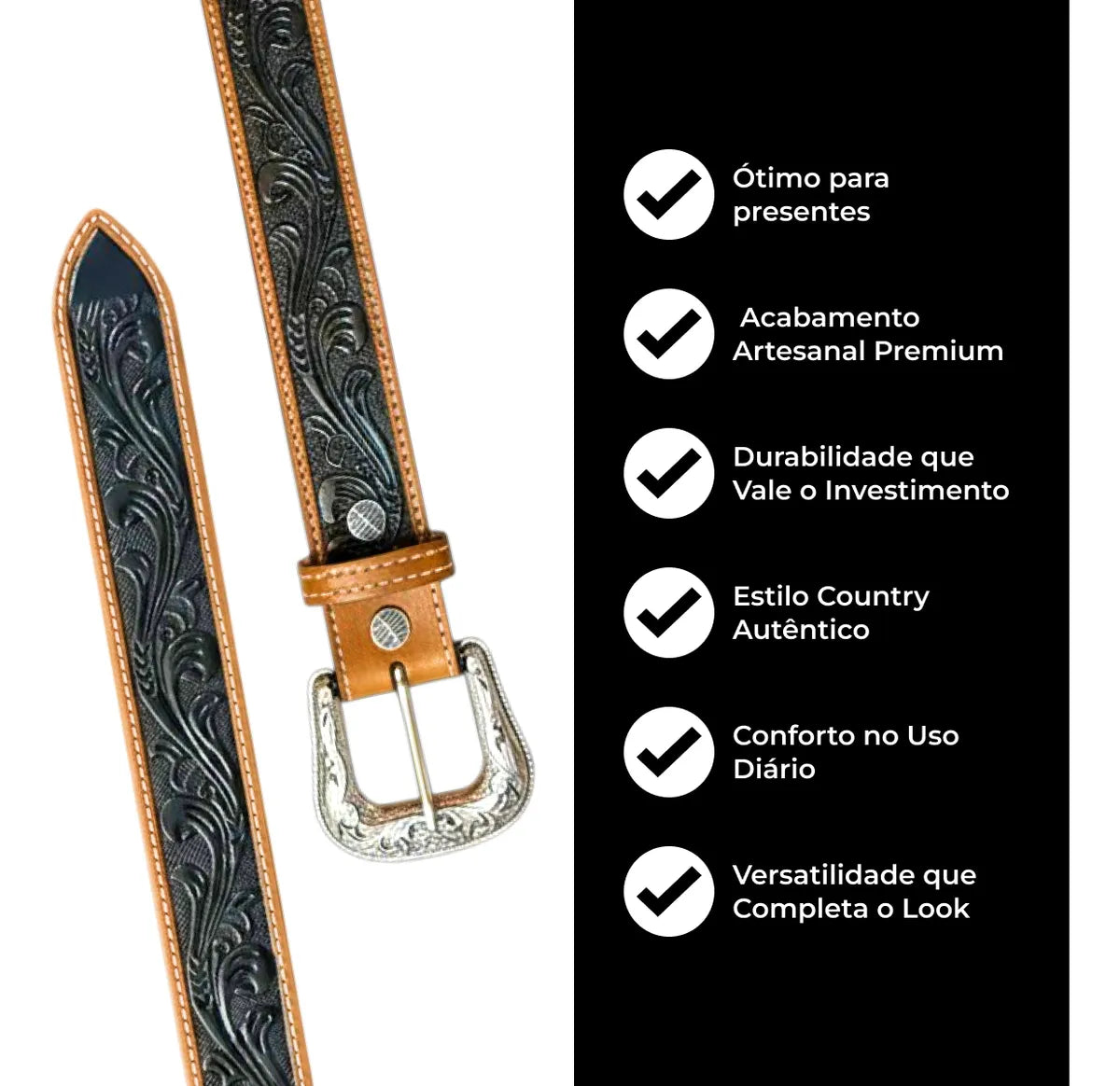 Cinto Country De Couro Preto Ramo Floral Com O Meio Pintado