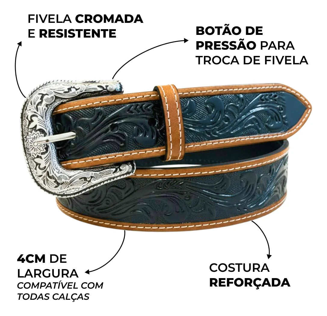 Cinto Country De Couro Preto Ramo Floral Com O Meio Pintado